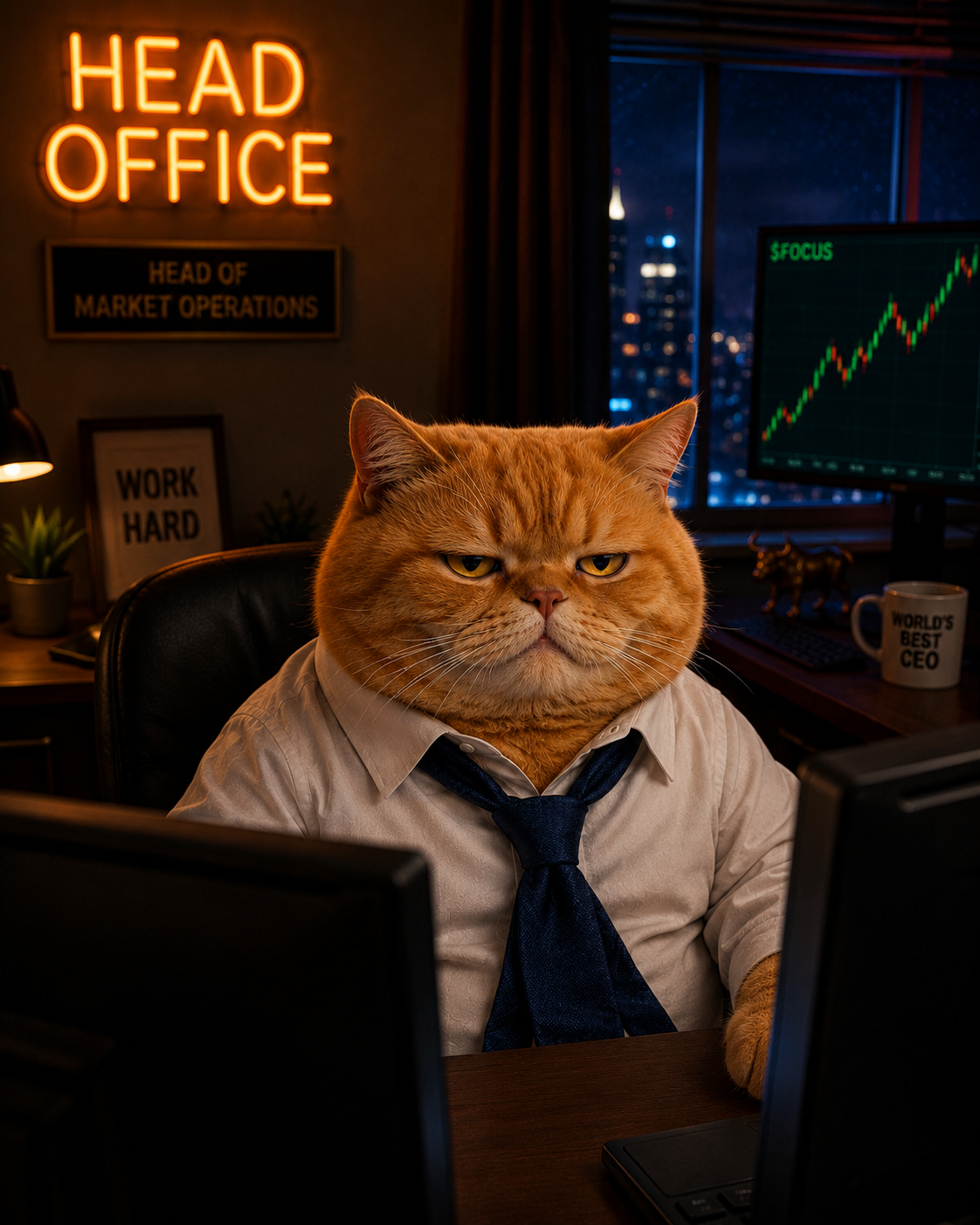 CEO cat under HEAD OFFICE neon sign