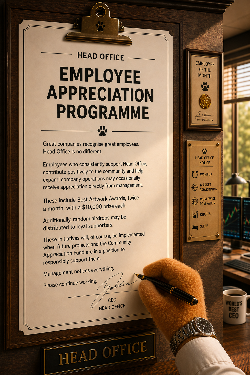 Framed Employee Appreciation Programme poster signed by the CEO on a walnut wall