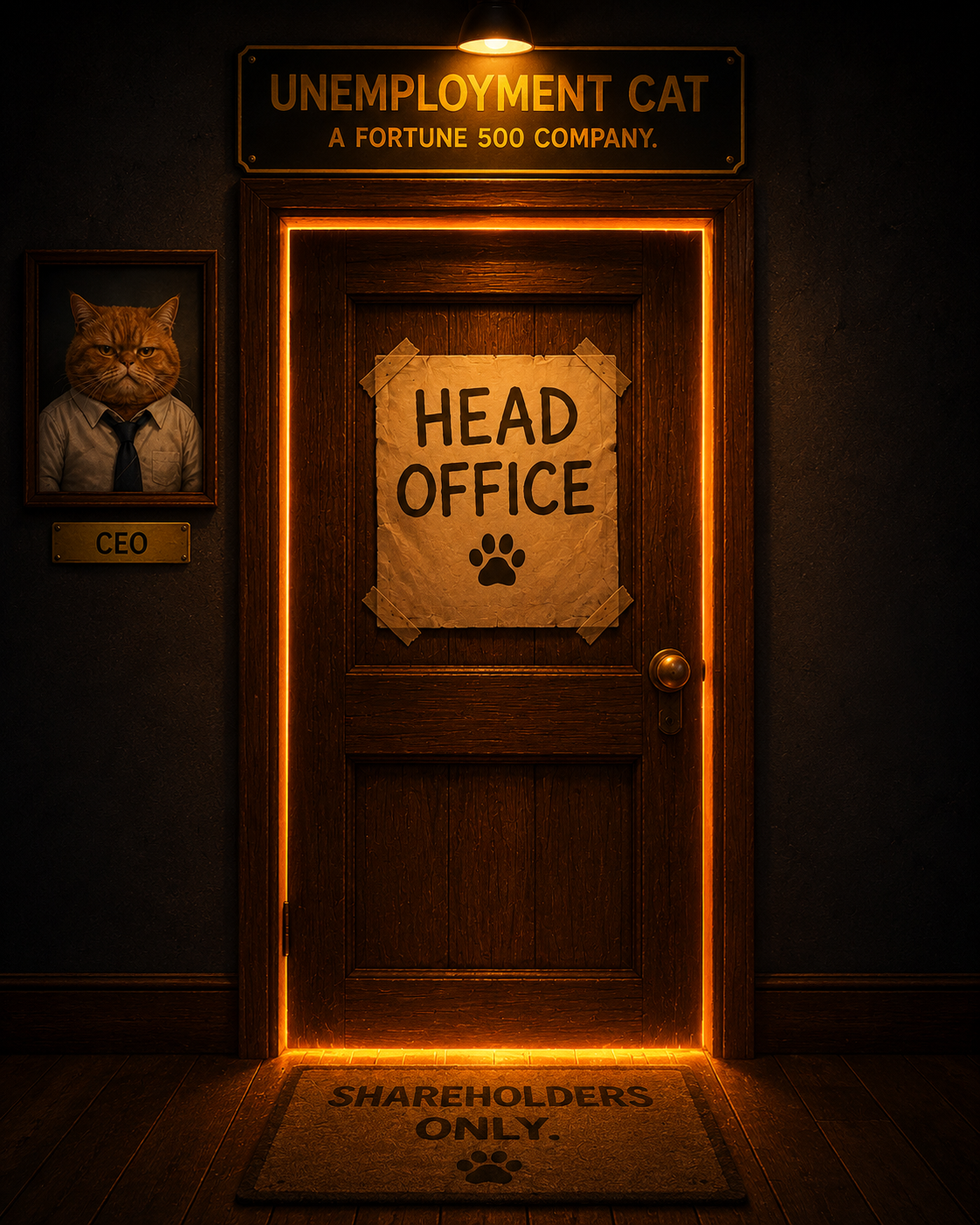 Head Office door with paw-print doormat