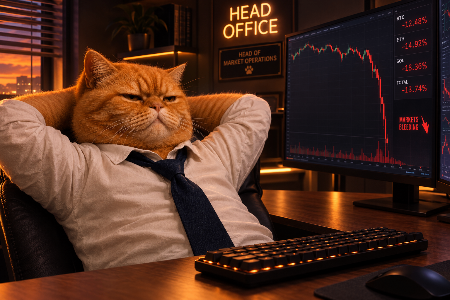 Sleepy CEO cat reclining in chair while markets bleed red on monitors behind him