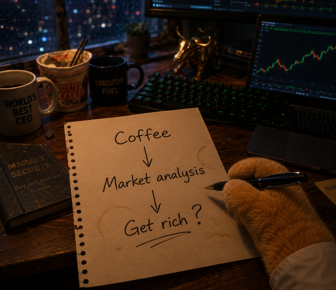 Handwritten strategy note reading Coffee → Market analysis → Get rich? beside a CEO cat's paw