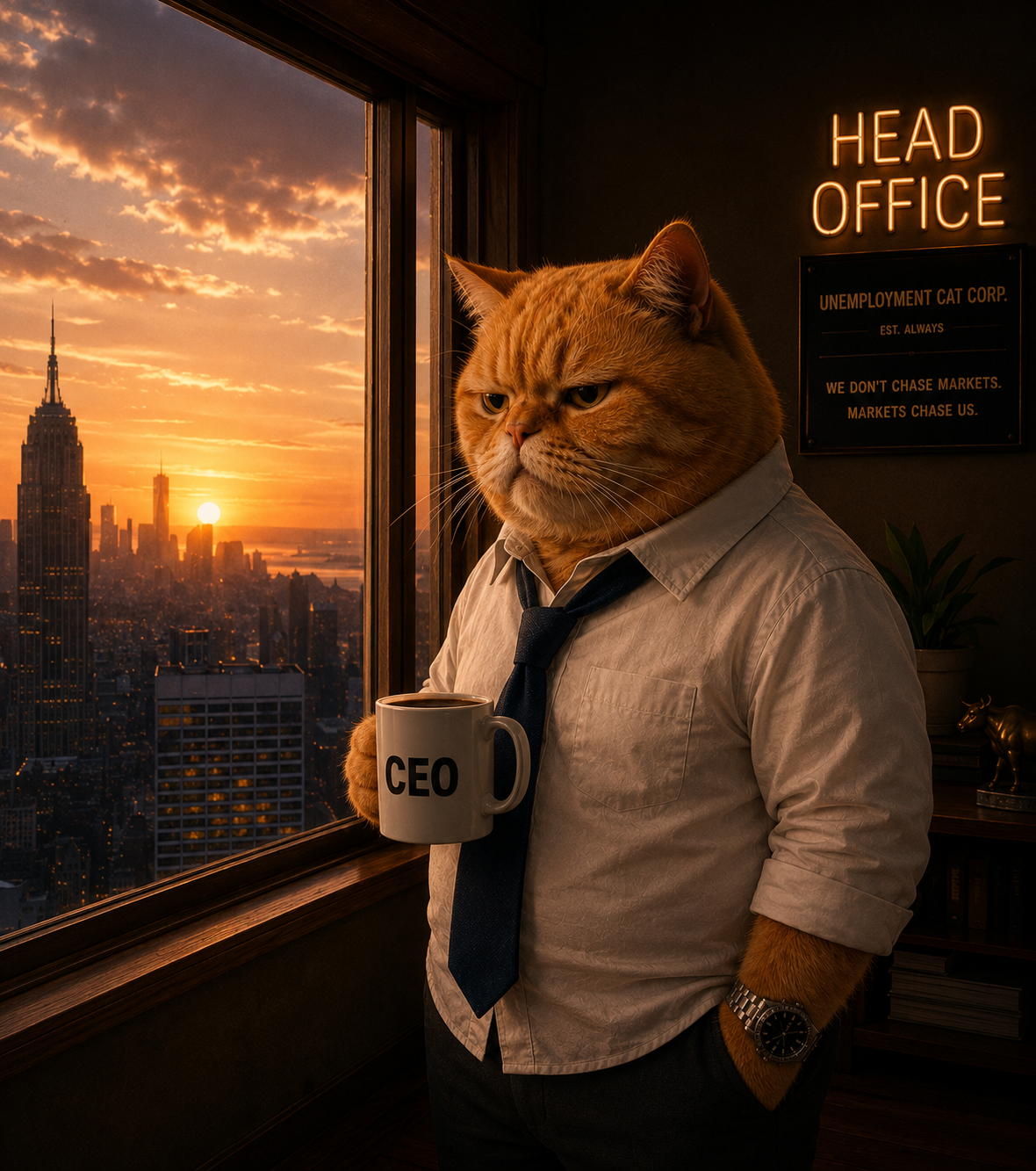 UNEMPLOYMENT CAT — CEO holding a CEO mug with Manhattan skyline sunset behind him