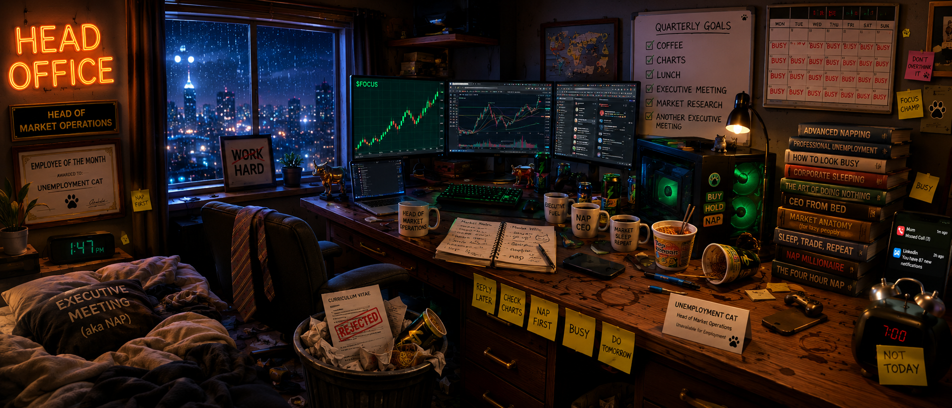 Head Office panoramic bedroom with monitors, neon signage and city window at night